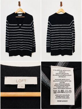 LOFT Black Metallic Silver Stripe V-Neck Sweater Size M